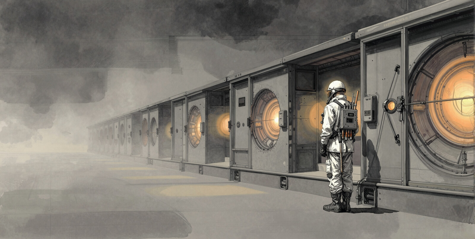 Worker standing outside active server chambers