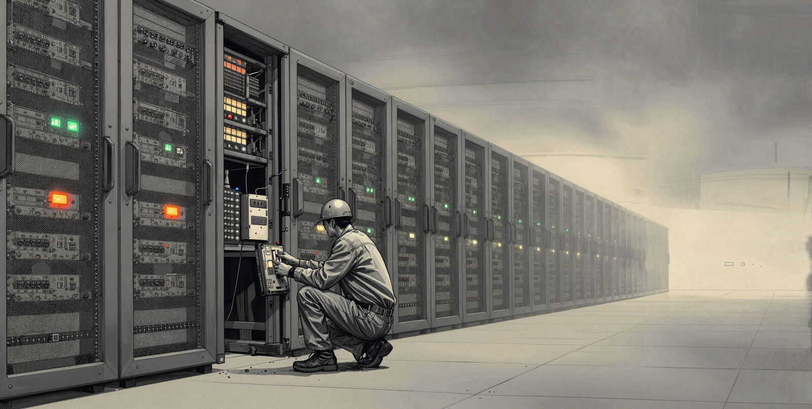 Worker inspects datacenter server rack