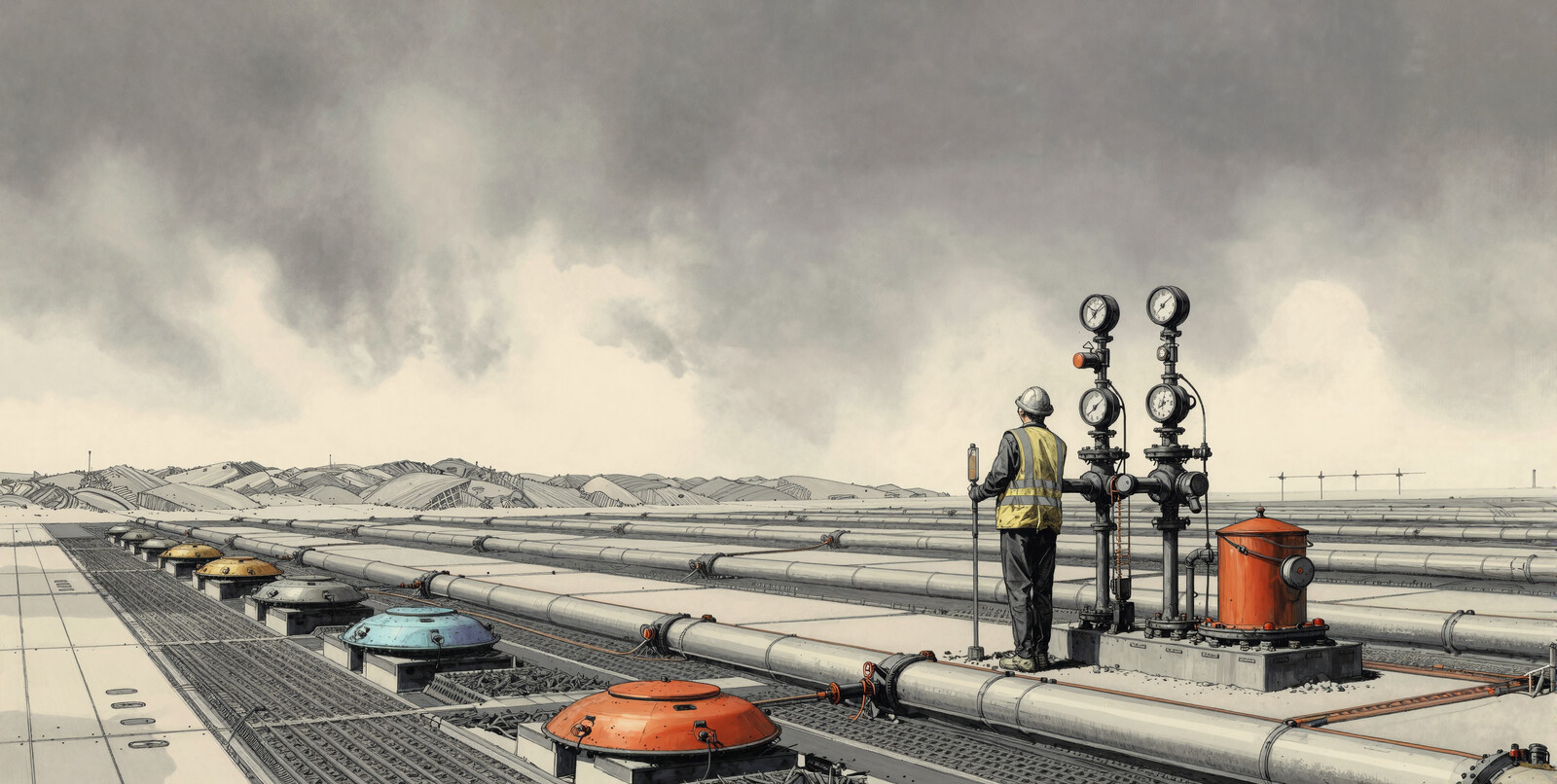 Worker inspects AI datacenter powerplant oil lines