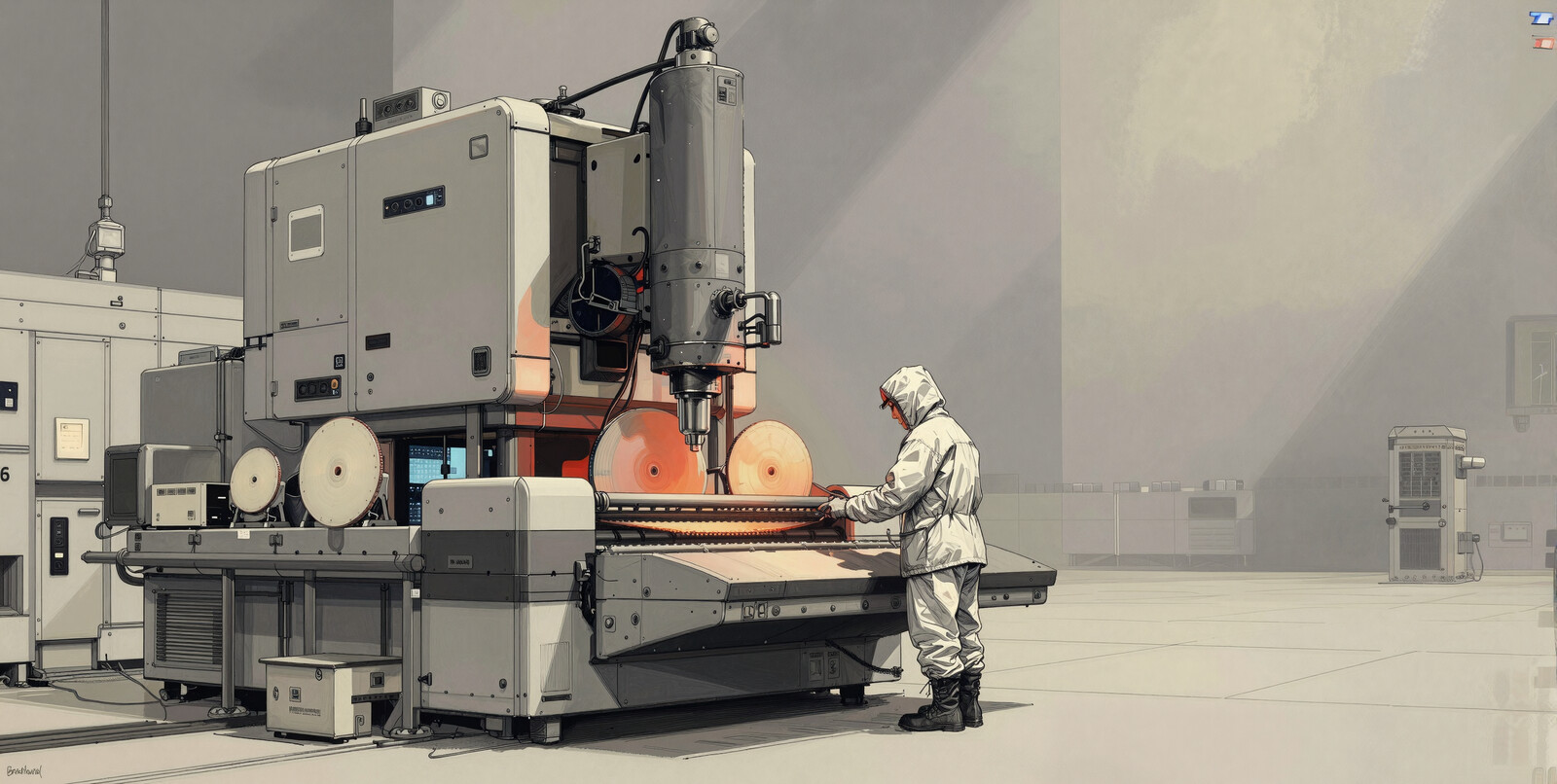 Suited worker inspects AI semiconductor fabrication machine