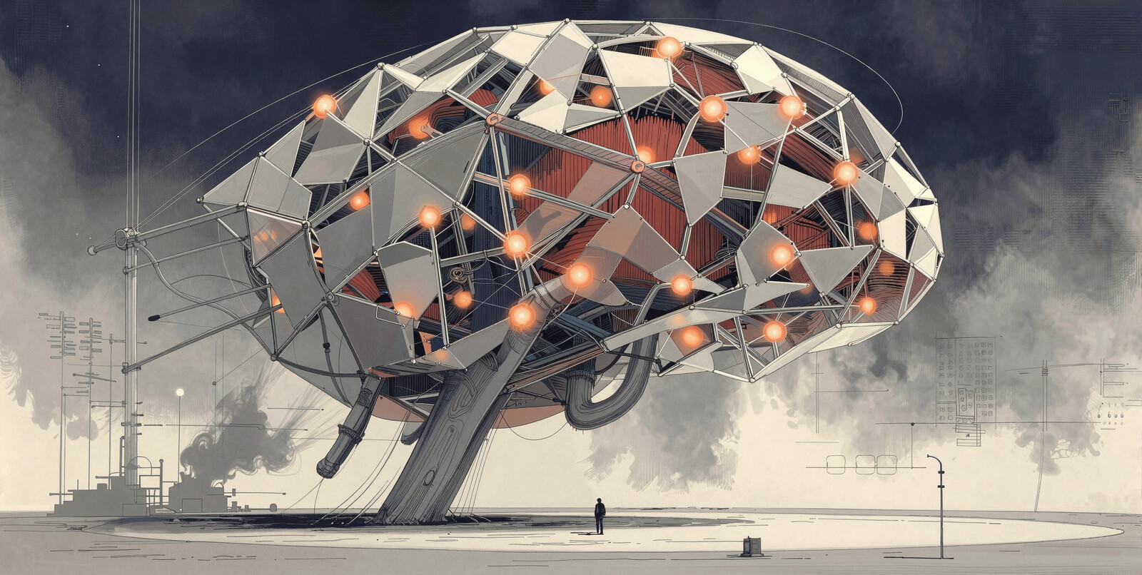 Brain shaped neural network statue looms over planet surface