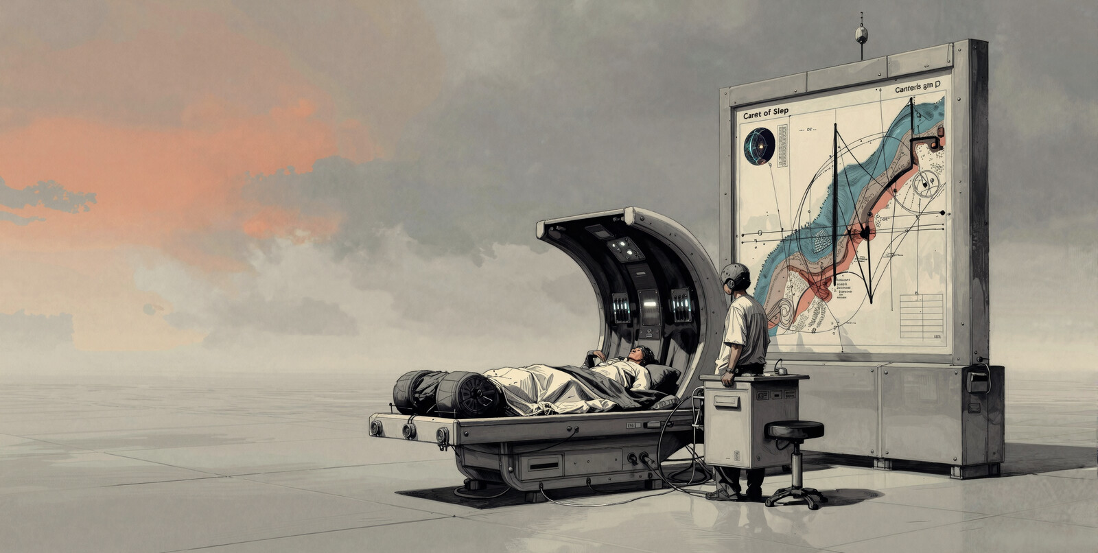 Doctor assists patient in AI cryosleep chamber